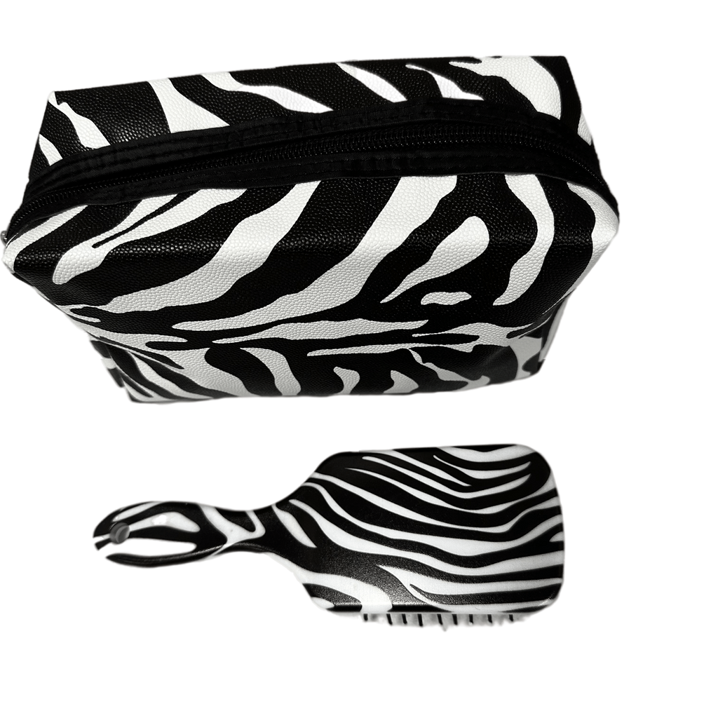 Zebra black and white cosmetic bag with brush gift set