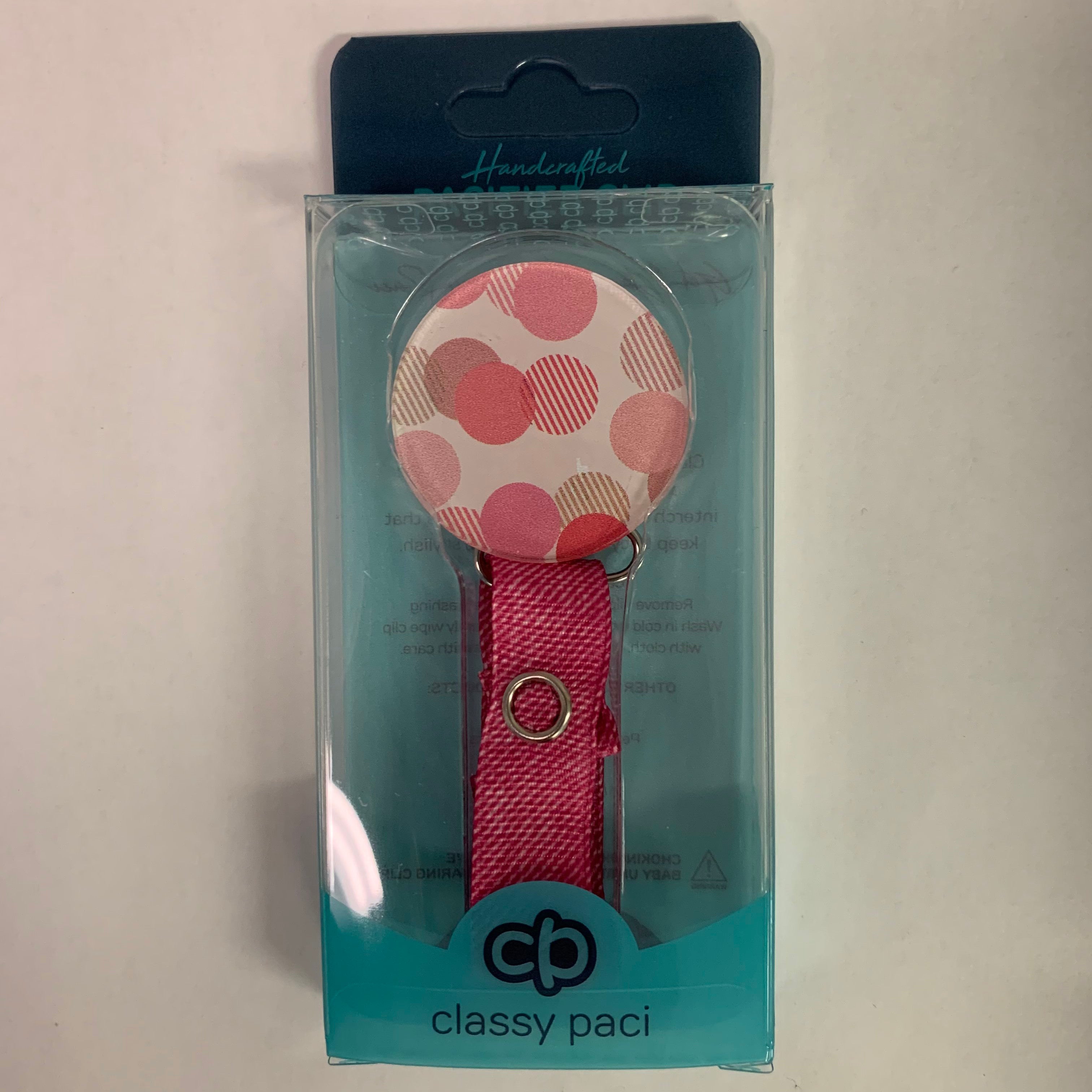 Classy Paci fun circles in  pink/ hot pink denim/ mauve/ white baby girl pacifier clip