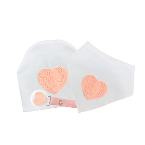 White peach/mauve croc heart bib hat and clip DELUXE GIFT SET