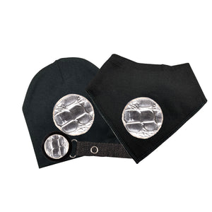 Black with silver circle croc bib hat and clip DELUXE GIFT SET