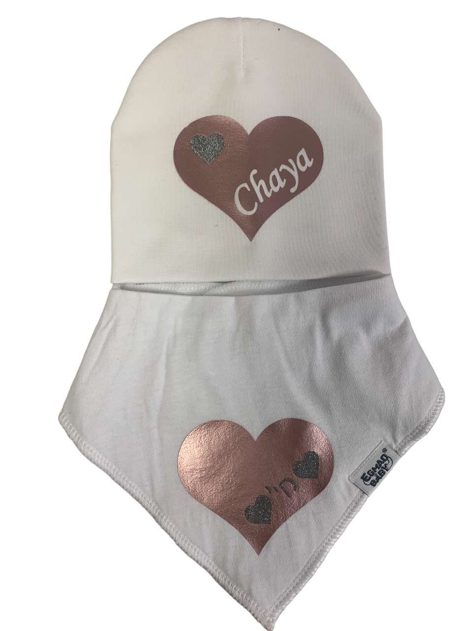 White mauve pink  heart bib hat and clip DELUXE GIFT SET