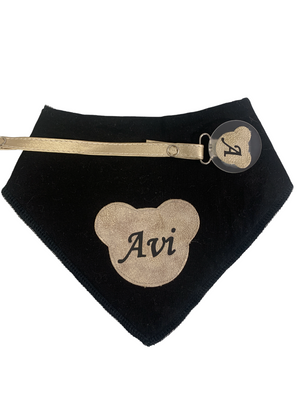 Black with gold leather teddy bib hat and clip DELUXE GIFT SET