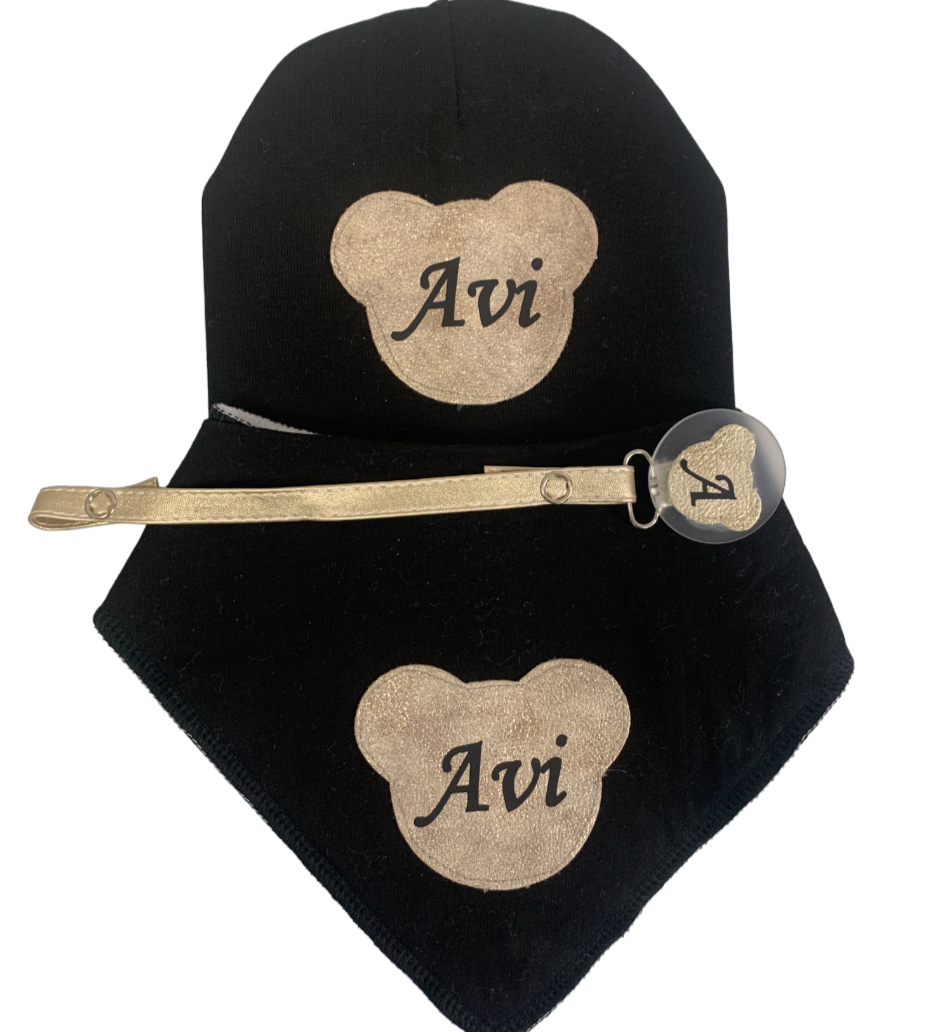 Black with gold leather teddy bib hat and clip DELUXE GIFT SET