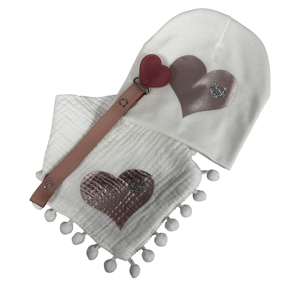 White mauve pink  heart bib hat and clip DELUXE GIFT SET