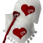 White red heart bib hat and clip DELUXE GIFT SET