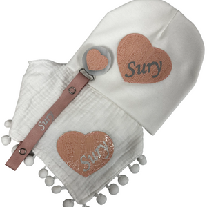 White peach/mauve croc heart bib hat and clip DELUXE GIFT SET