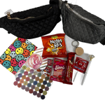 Camp package Black or Grey quilted fanny packs with nosh/ goodies keychain or pen