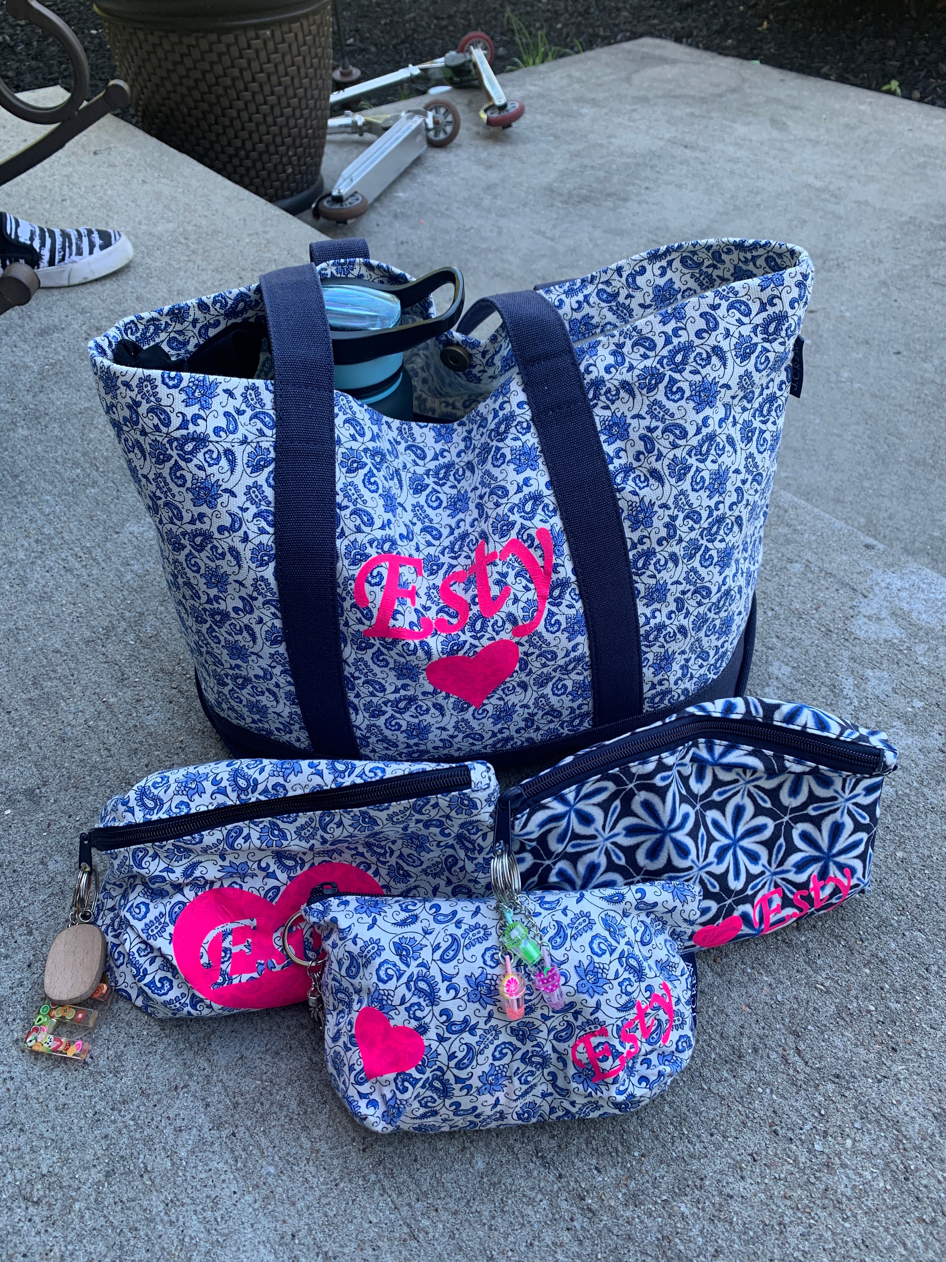 Canvas blue paisley accessory/ cosmetic bags 3 sizes school camp