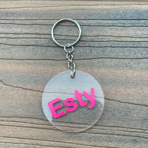 Personalized clear lucite keychain circle, heart, hexagon shape school. camp briefcase