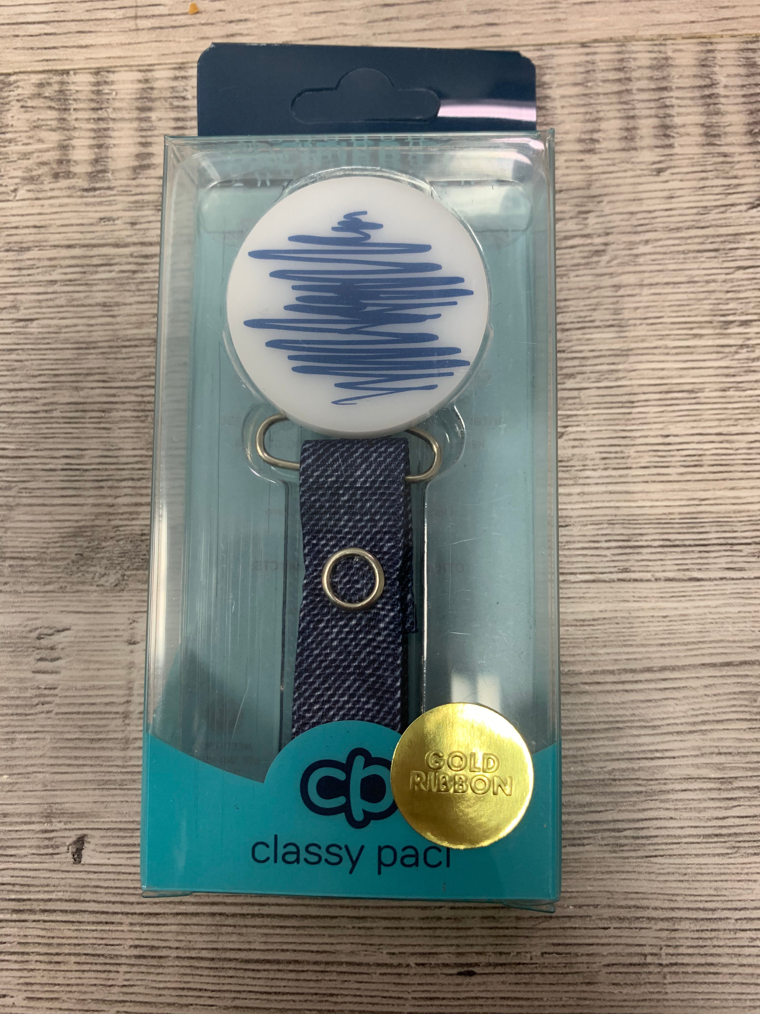 Classy Paci DOODLE blue denim round pacifier clip