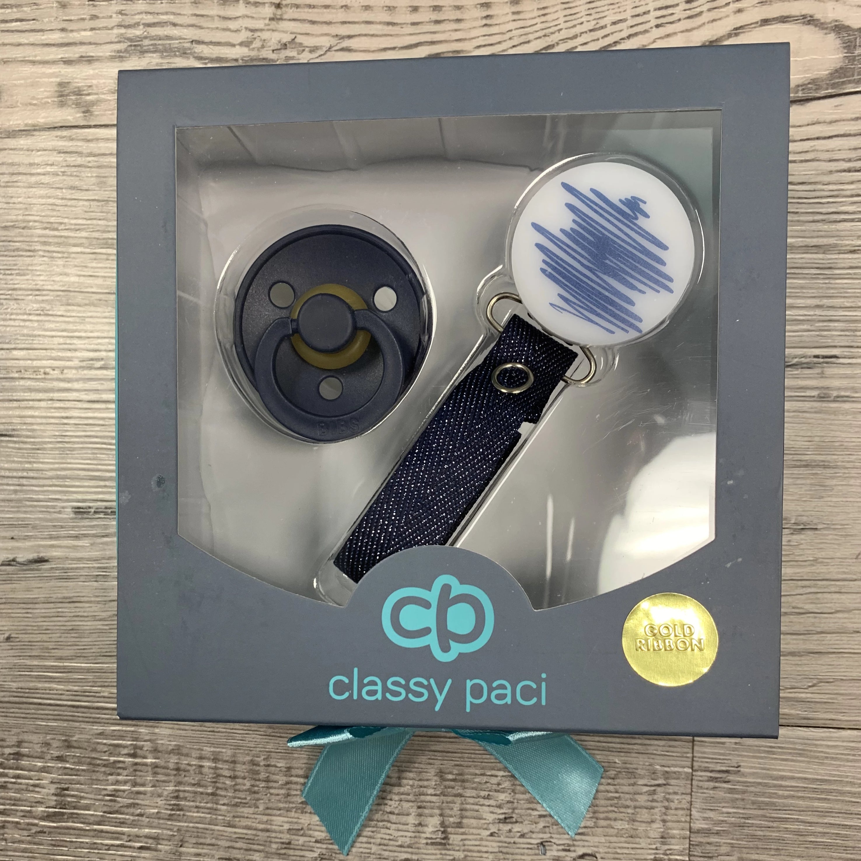Classy Paci DOODLE blue denim round pacifier clip with Bibs blue pacifier GIFT SET