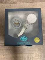 Classy Paci CHIC Grey Silver with heart Polka Dot Round clip with Bibs pacifier GIFT SET