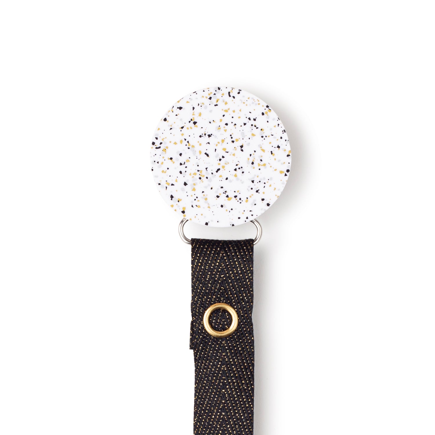 Classy Paci Speckled metallic gold black silver circle pacifier clip