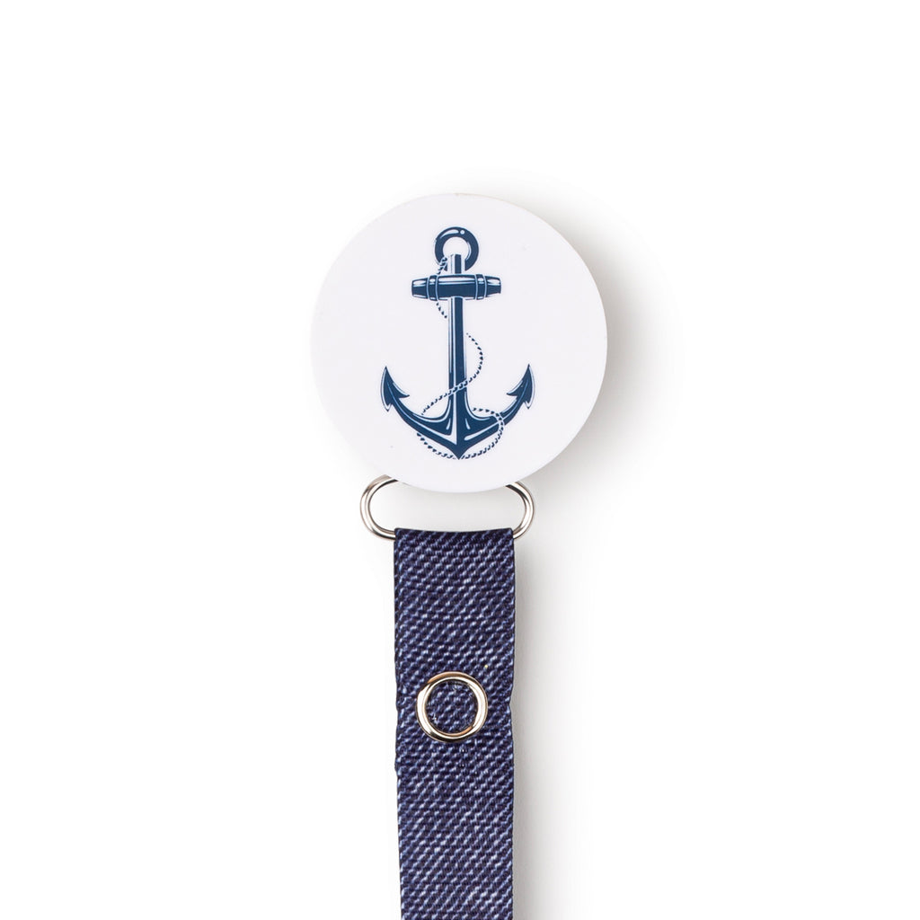 Classy Paci White and navy blue Anchor circle pacifier clip