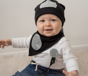 White CHIC with Silver dot heart bib, hat, pacifier clip DELUXE GIFT SET