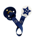 Classy Paci fun "cute as a button" Navy blue star, denim/black for baby toddler girls boys pacifier clip Friggs, Bibs Gift Set