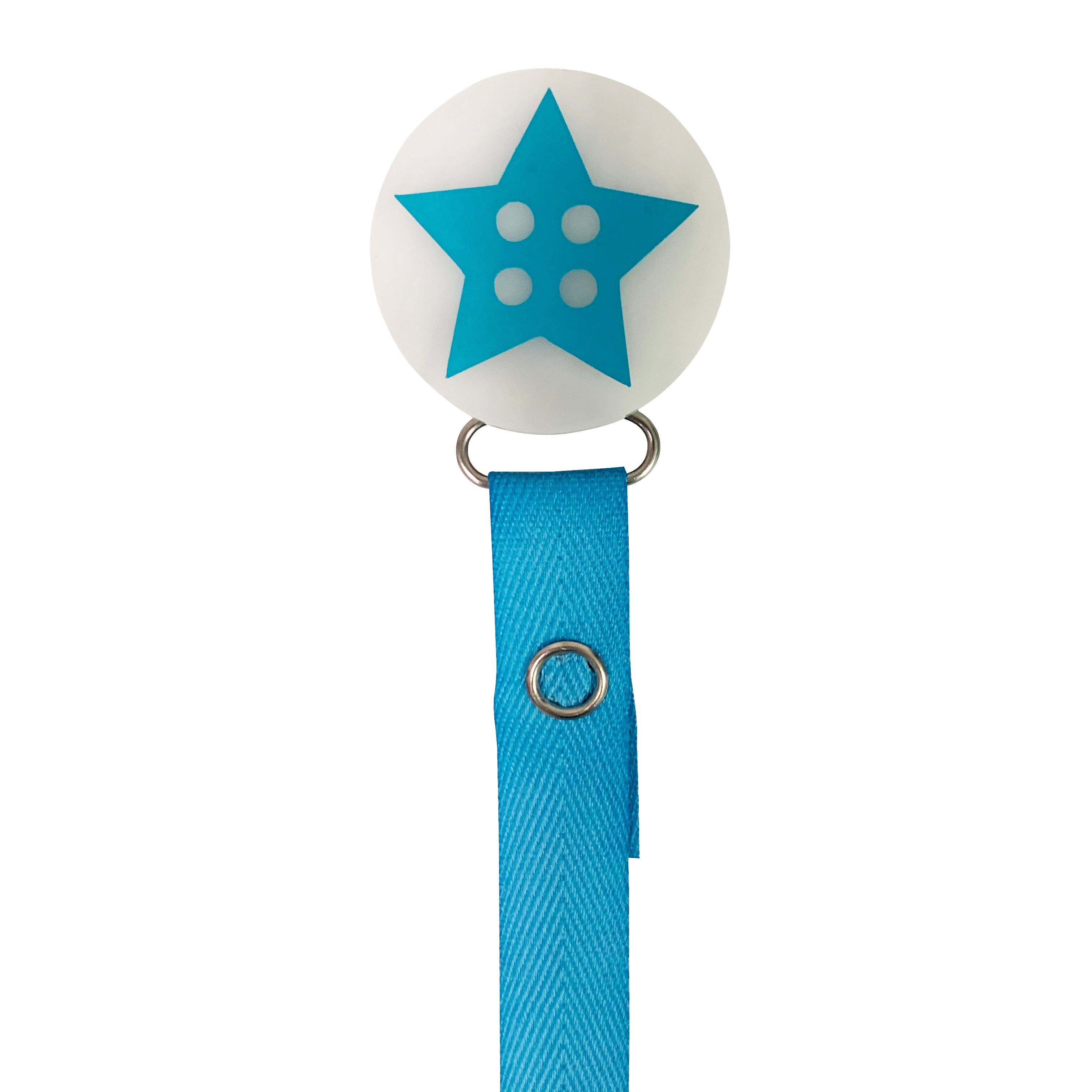 Classy Paci fun "cute as a button" turquoise star, denim/blue for baby toddler girls boys pacifier clip