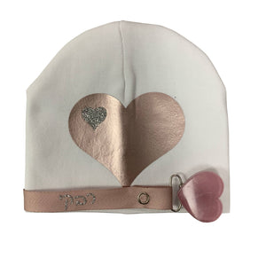 White SLEEK  mauve pink  heart  hat and clip GIFT SET