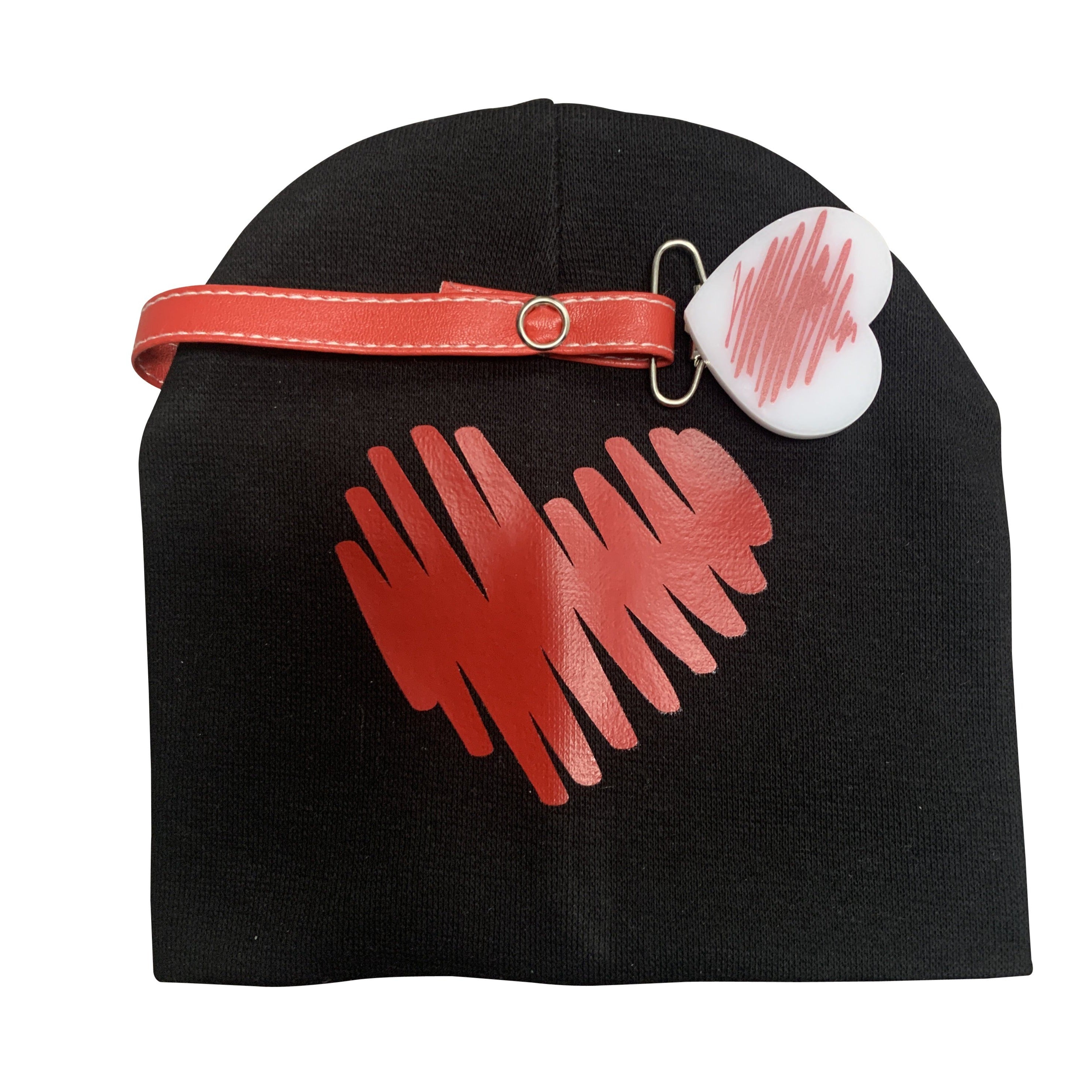 Black with Red Doodle heart hat and clip GIFT SET