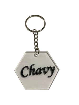 Personalized clear lucite keychain circle, heart, hexagon shape school. camp briefcase