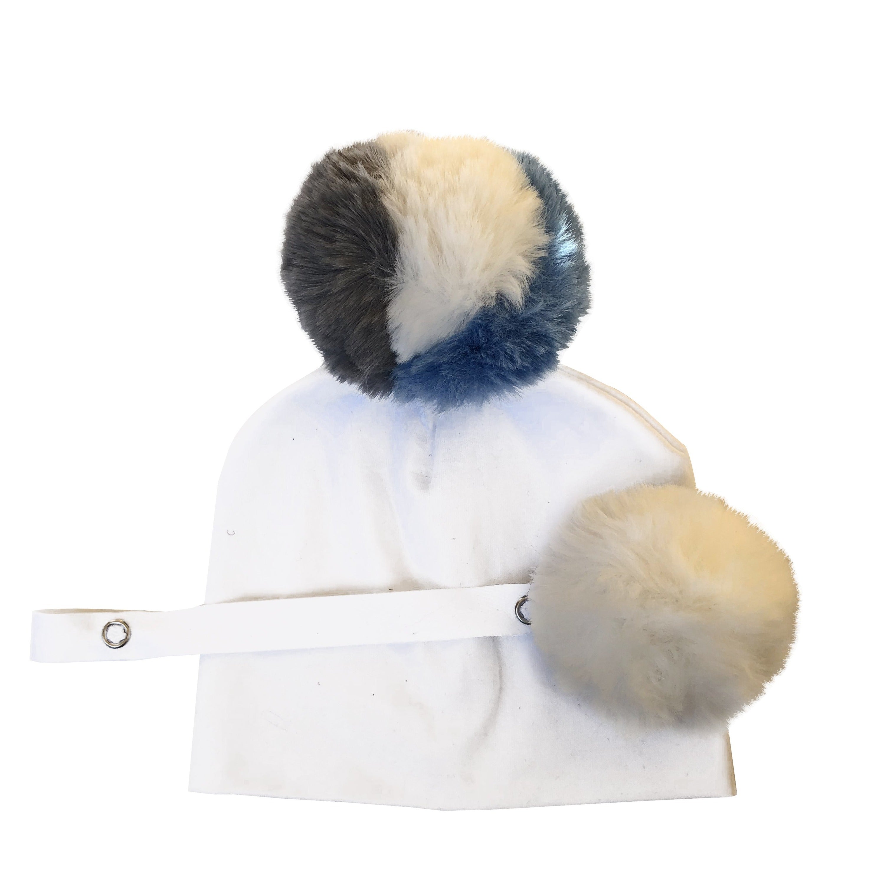 Gray Blue & White fur pom pom hat with pacifier clip GIFT SET