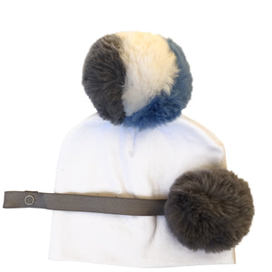 Gray Blue & White fur pom pom hat with pacifier clip GIFT SET