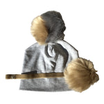 Grey & Beige tan fur pom pom hat with pacifier clip GIFT SET