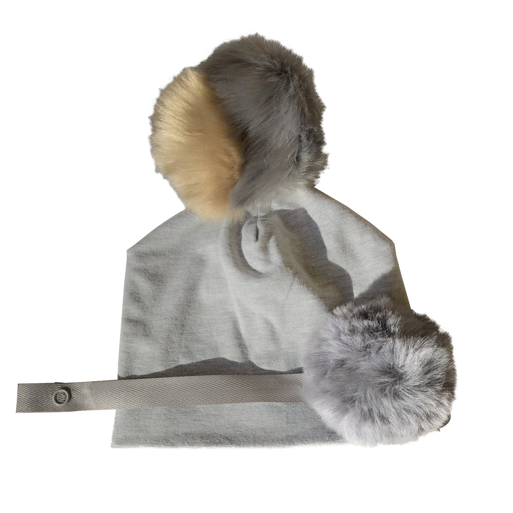 Grey & Beige tan fur pom pom hat with pacifier clip GIFT SET