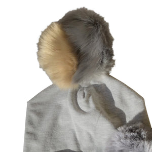 Grey & Beige tan fur pom pom hat with pacifier clip GIFT SET