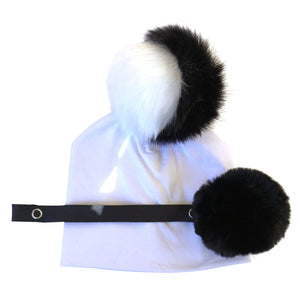 Black & White fur pom pom hat with pacifier clip GIFT SET
