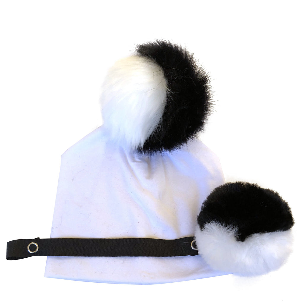 Black & White fur pom pom hat with pacifier clip GIFT SET