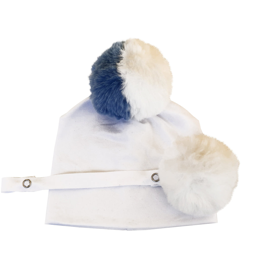 Blue & White fur pom pom hat with pacifier clip GIFT SET