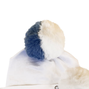 Blue & White fur pom pom hat with pacifier clip GIFT SET