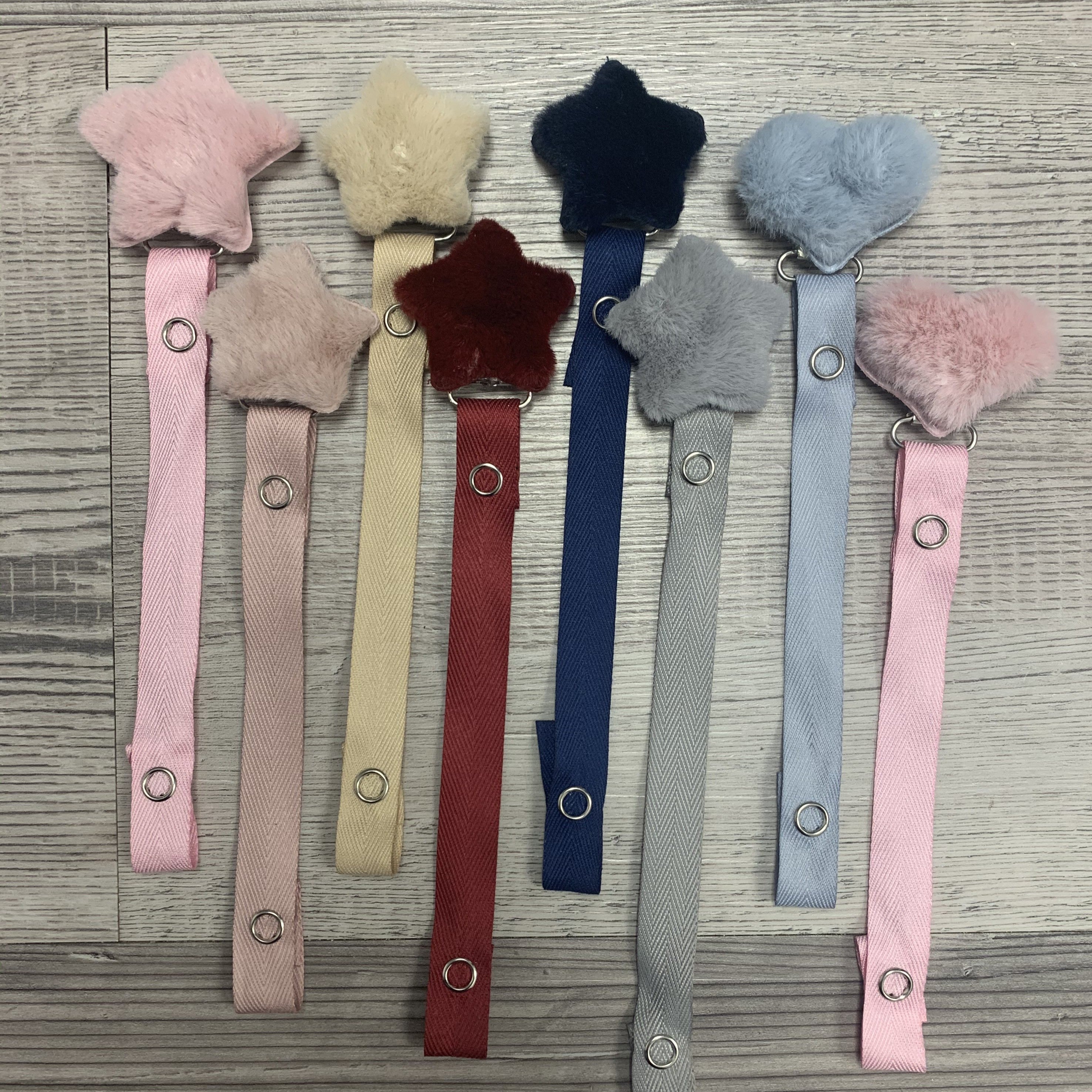 Fur hearts -  stars in many colors , grey, off white, navy, cozy pacifier clips