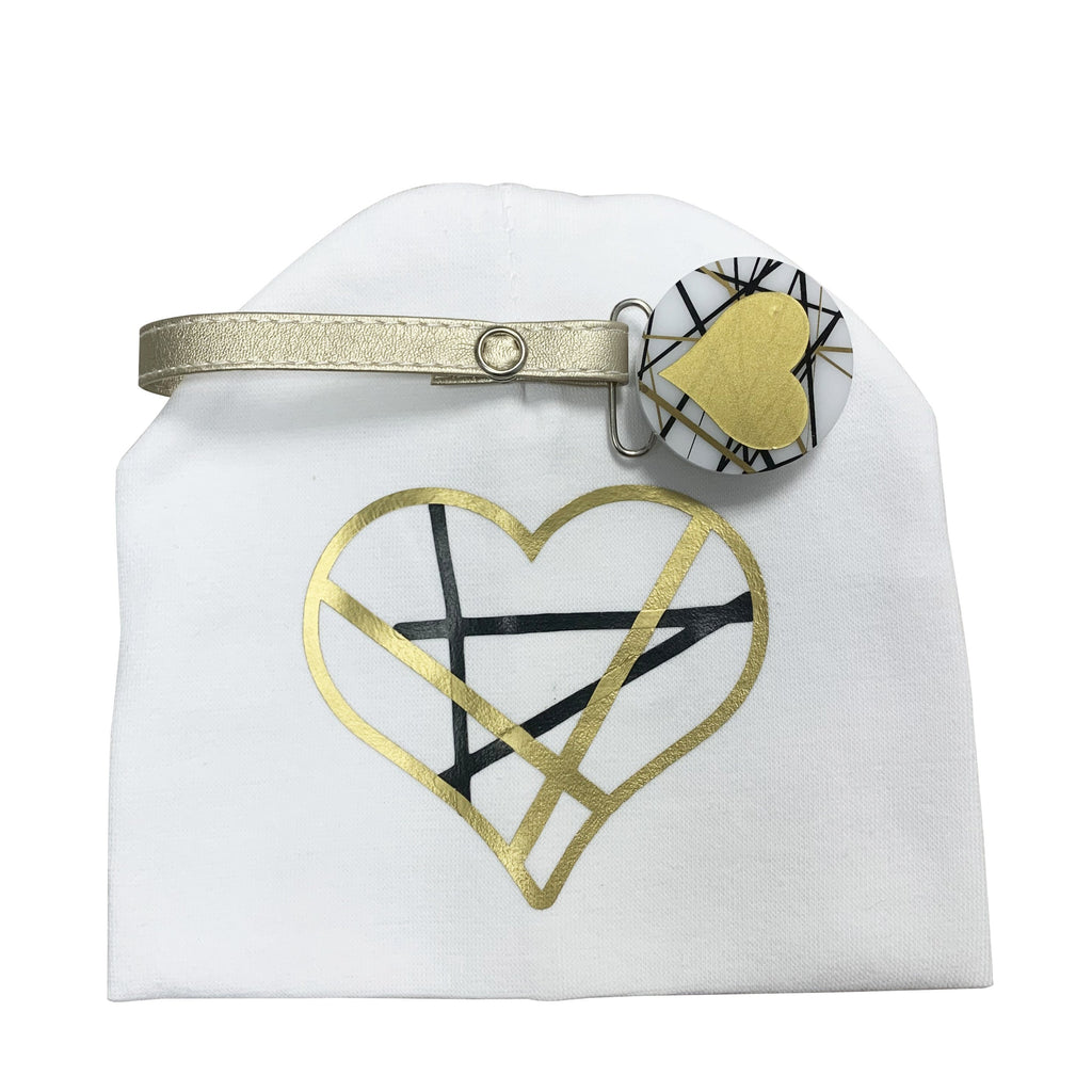 White CHIC with Black & Gold stripe heart hat and clip GIFT SET