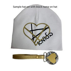 White CHIC with Black & Gold stripe heart hat and clip GIFT SET