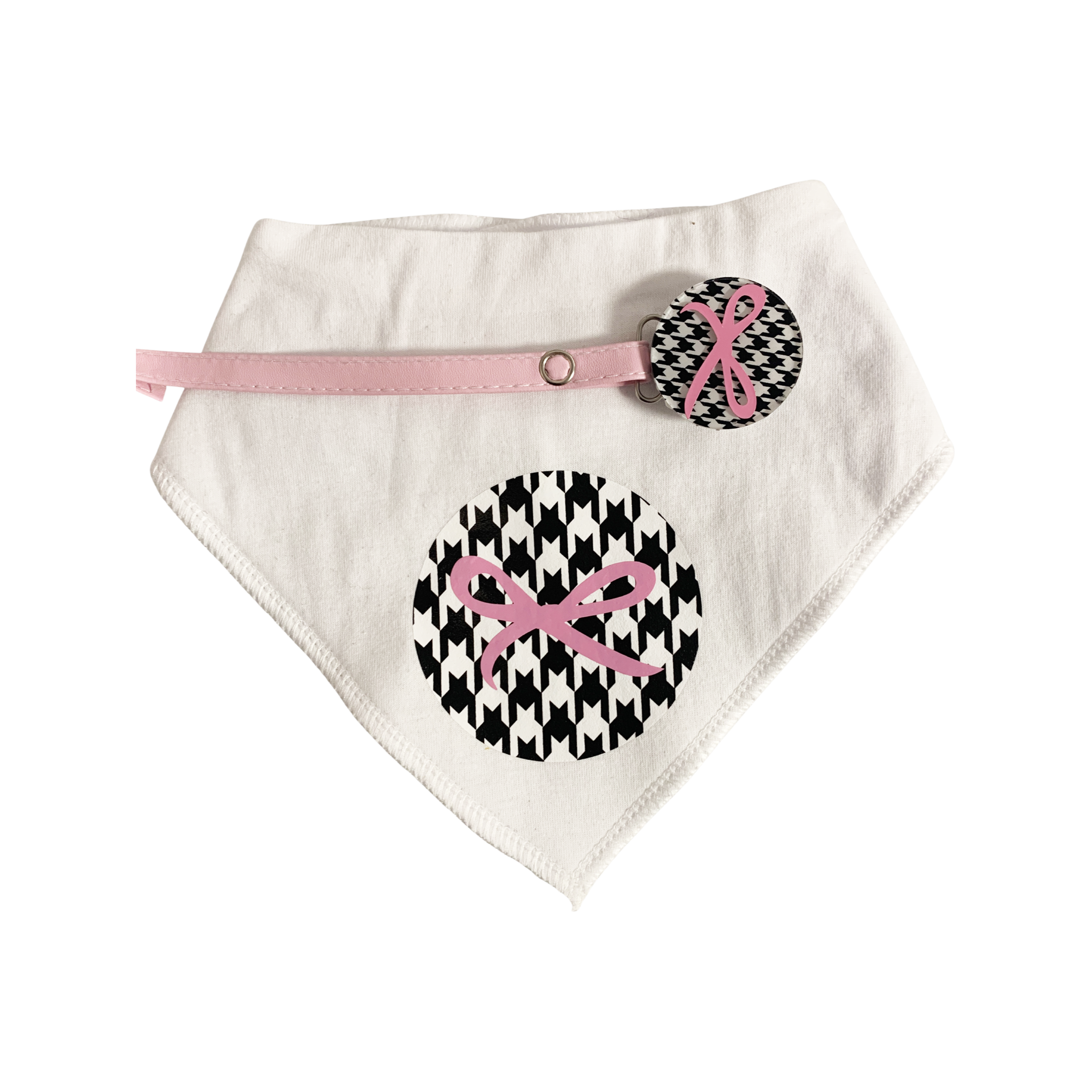 Houndstooth black, white with pink bow bib and clip GIFT SET
