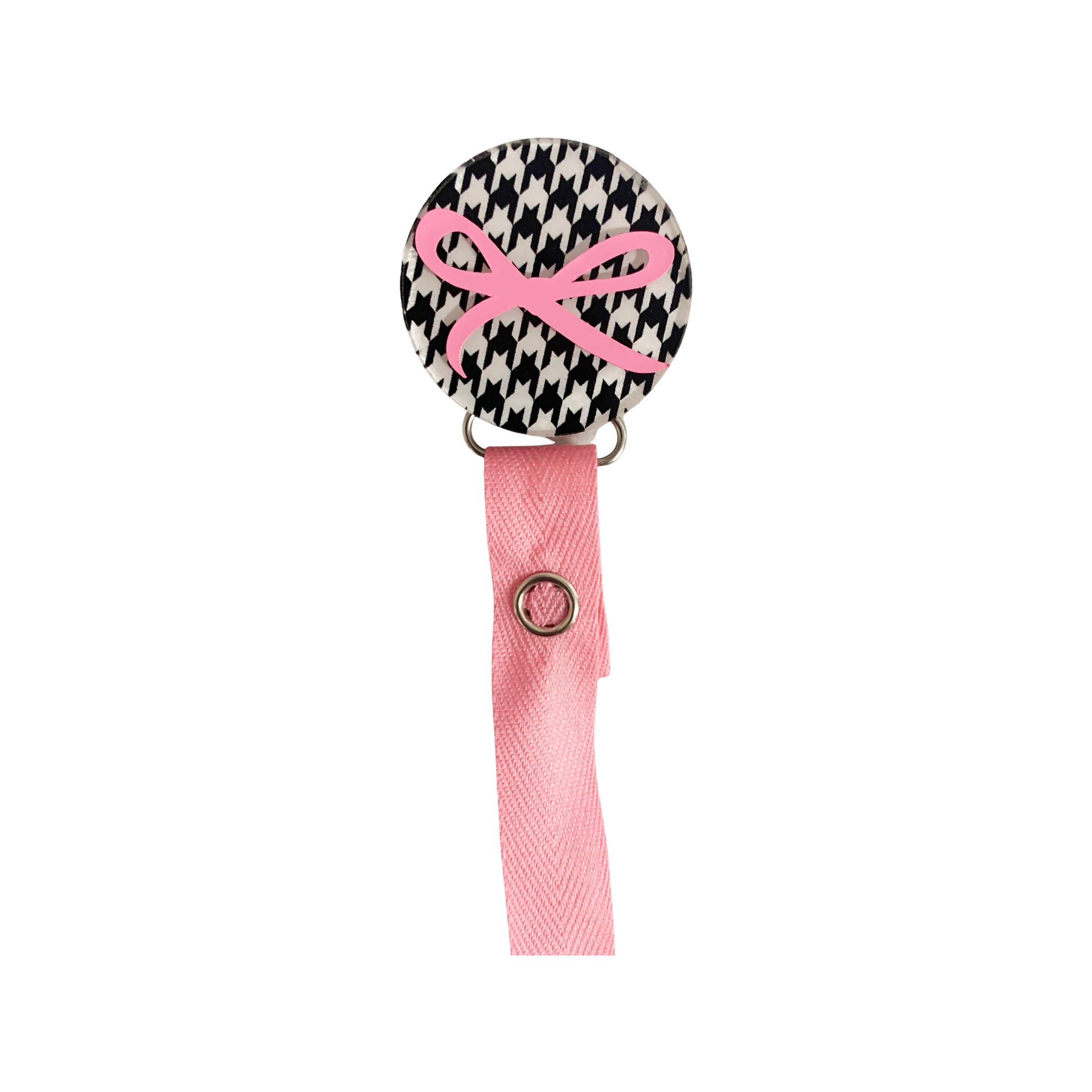 Classy Paci Houndstooth Black White Check with pink Bow, white, gold, baby girl pacifier clip