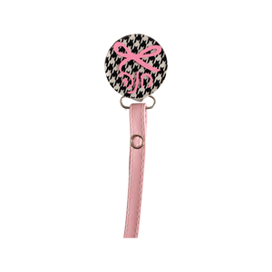 Classy Paci Houndstooth Black White Check with pink Bow, white, gold, baby girl pacifier clip