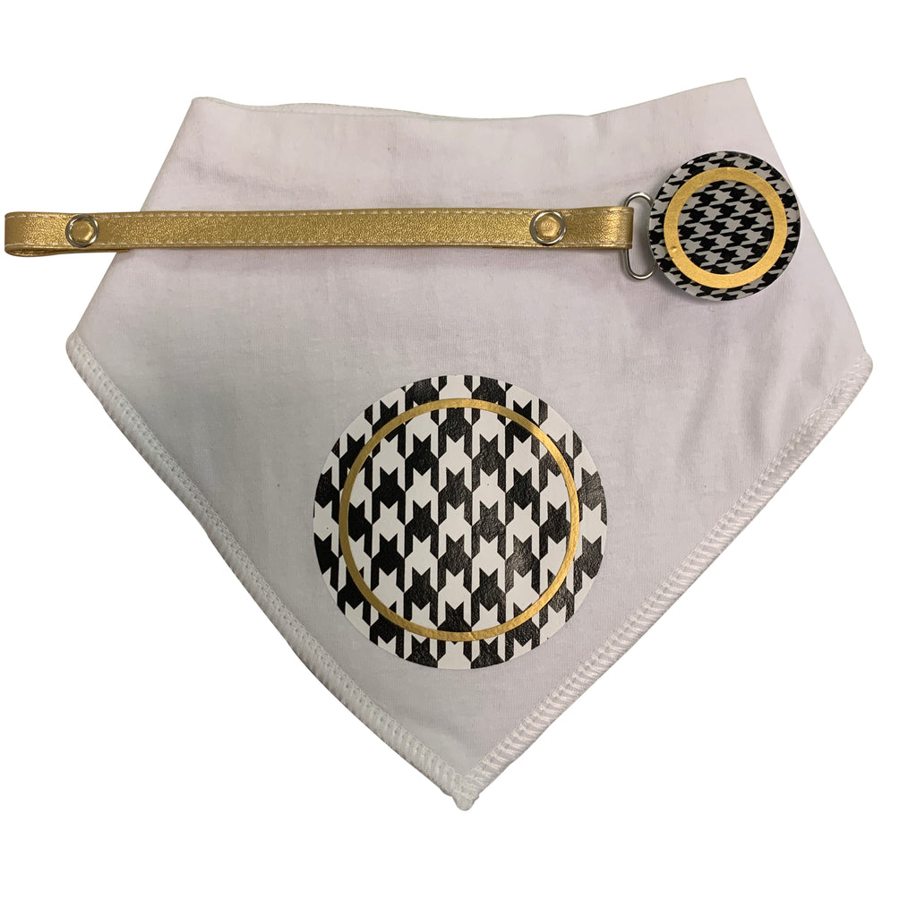 Houndstooth black, white with gold circle bib and clip GIFT SET