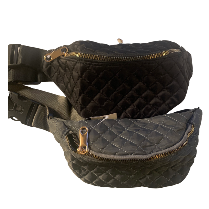 Camp package Black or Grey quilted fanny packs with nosh/ goodies keychain or pen
