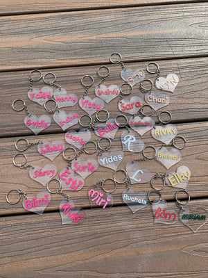 Personalized clear lucite keychain circle, heart, hexagon shape school. camp briefcase