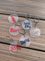 Personalized clear lucite keychain circle, heart, hexagon shape school. camp briefcase