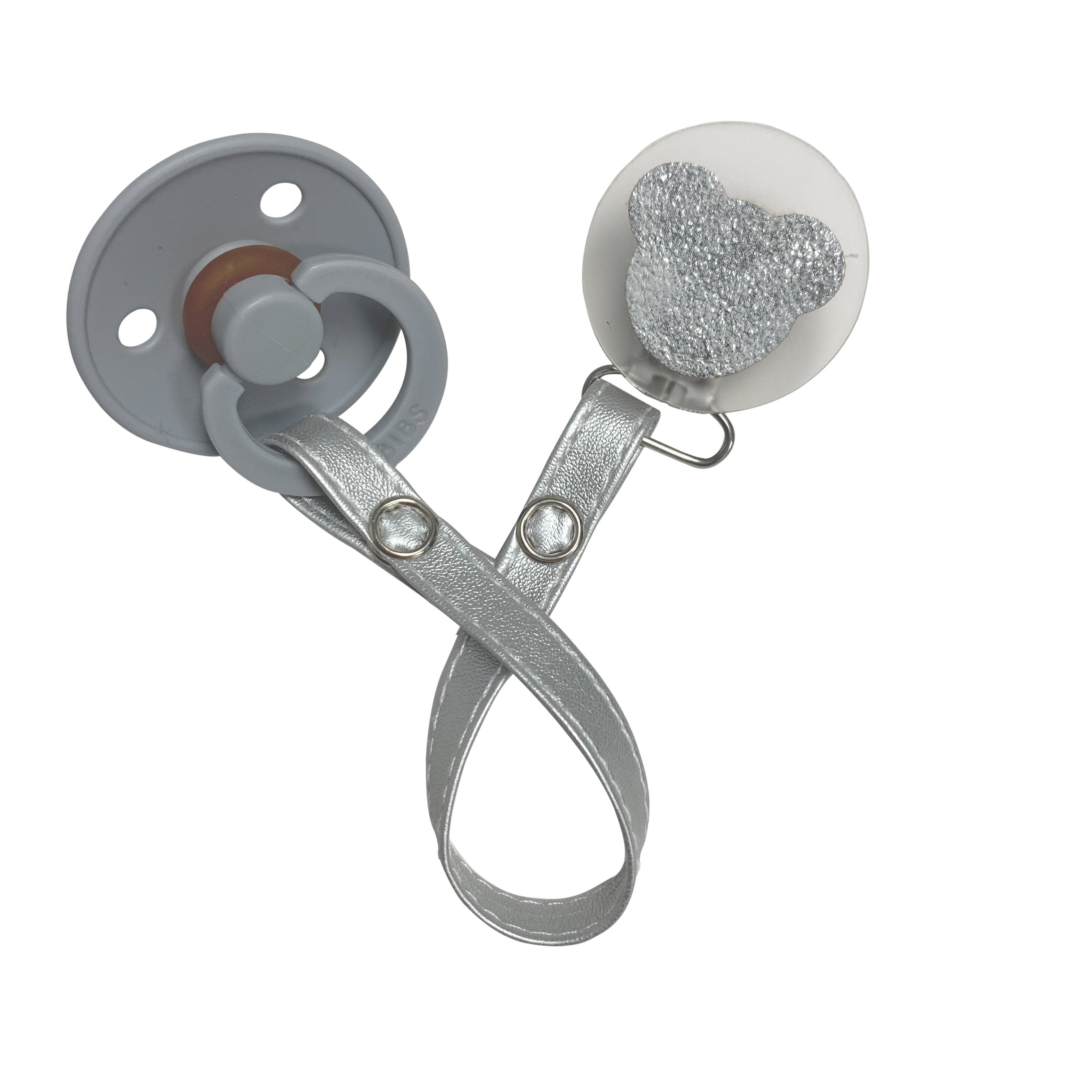 Classy Paci sparkle WHITE leather Teddy, Silver, Grey, girl boy baby pacifier clip GIFT SET