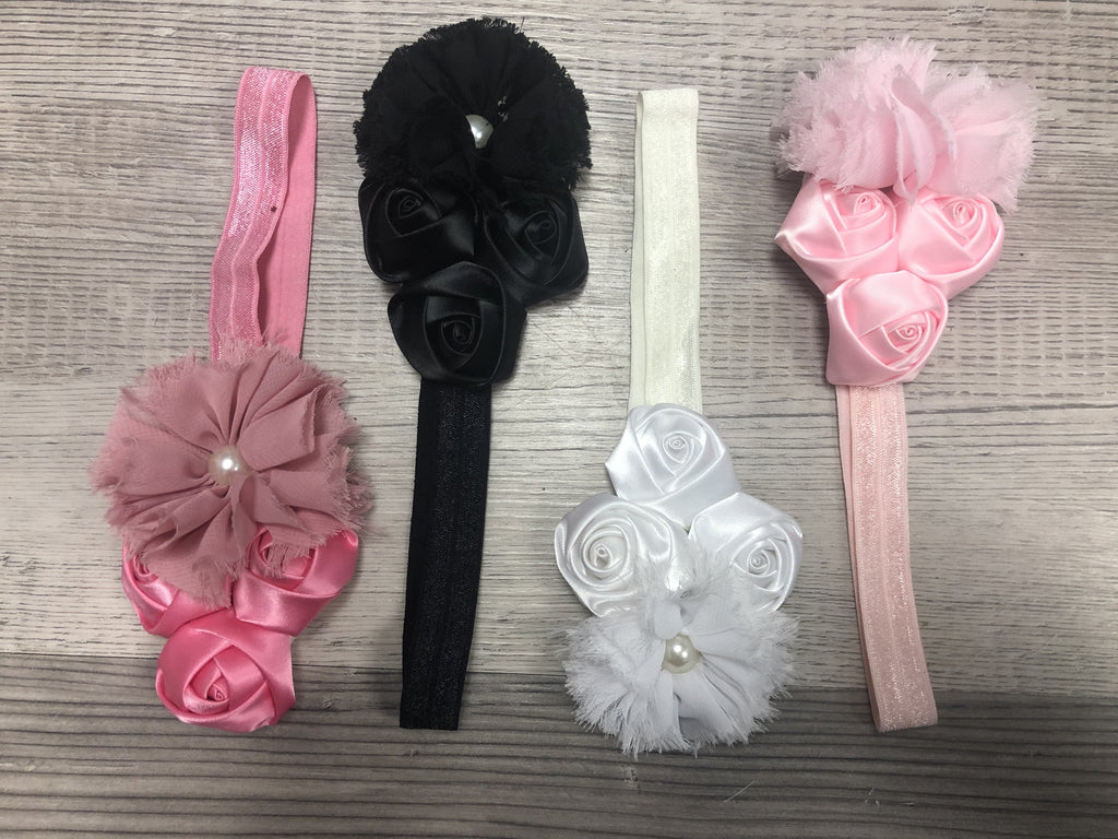 Satin roses, chiffon pearl  Girl Headbands clearance