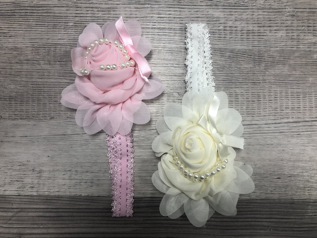Satin roses, chiffon pearl  Girl Headbands clearance