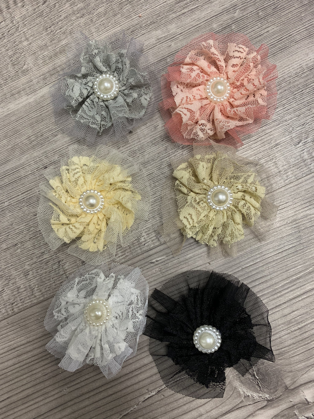 Lace with pearl and tulle hair flowers