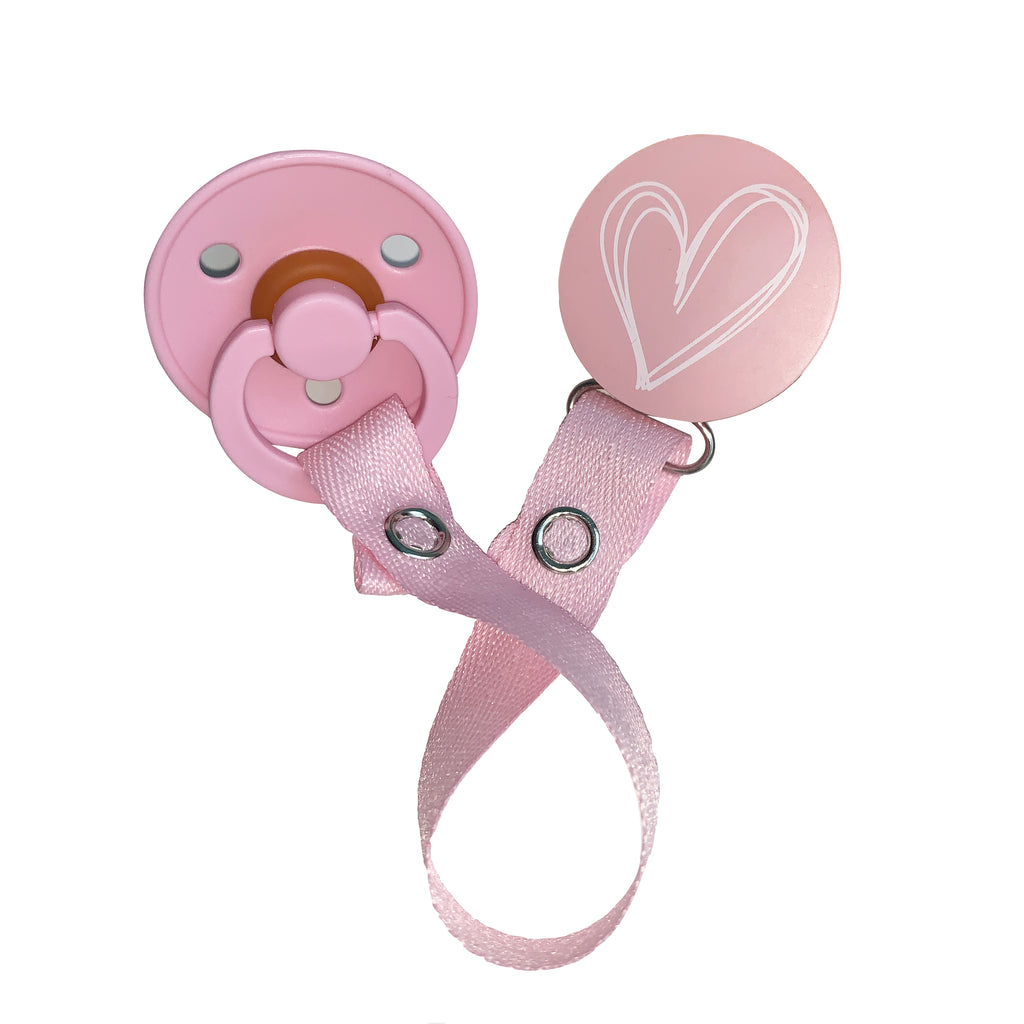 Classy Paci blush pink drawn white heart clip with Bibs pacifier GIFT SET