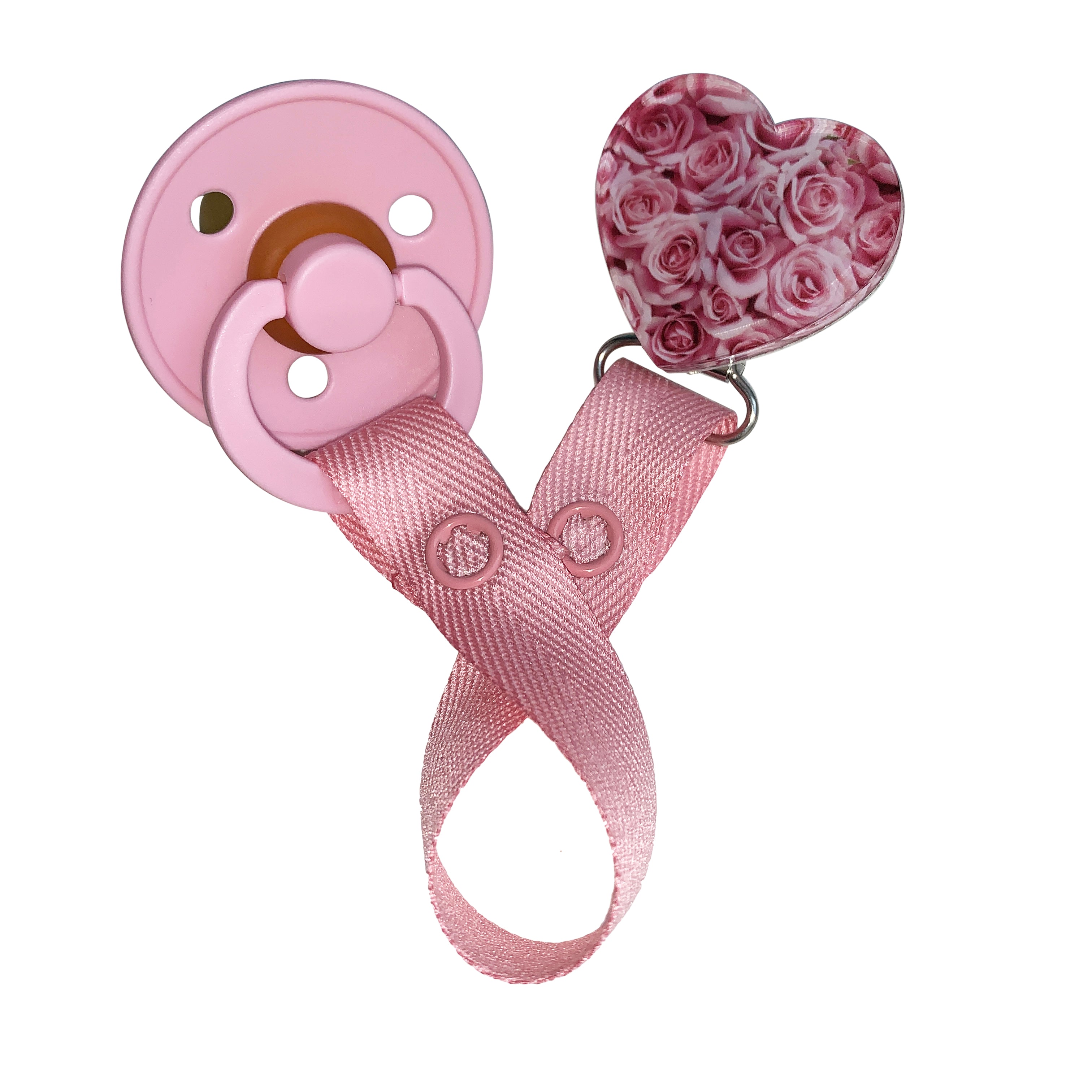 Classy Paci hues of pink roses heart clip with BIBS pacifier GIFT SET