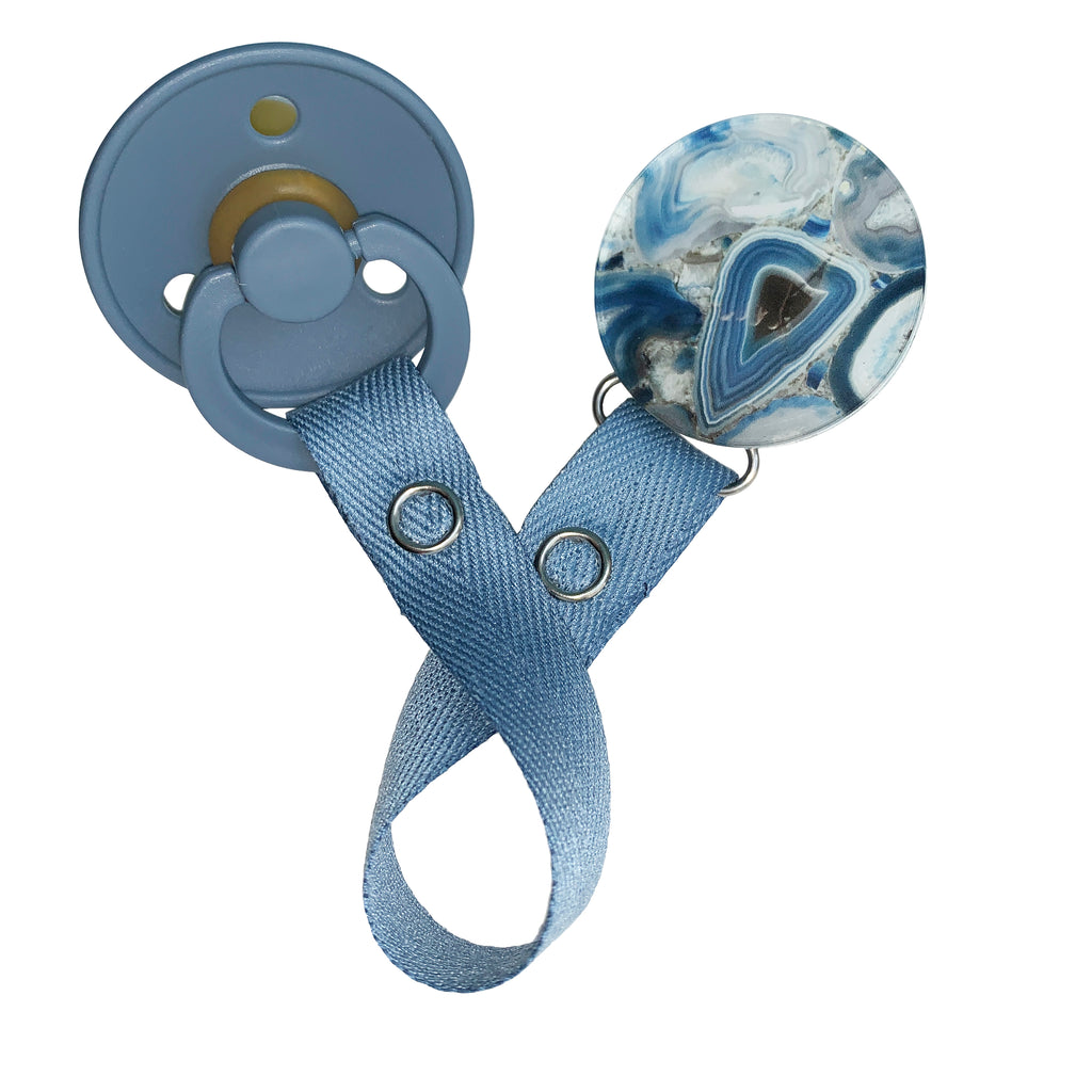 Classy Paci Cobalt blue Agate  circle clip with BIBS pacifier GIFT SET